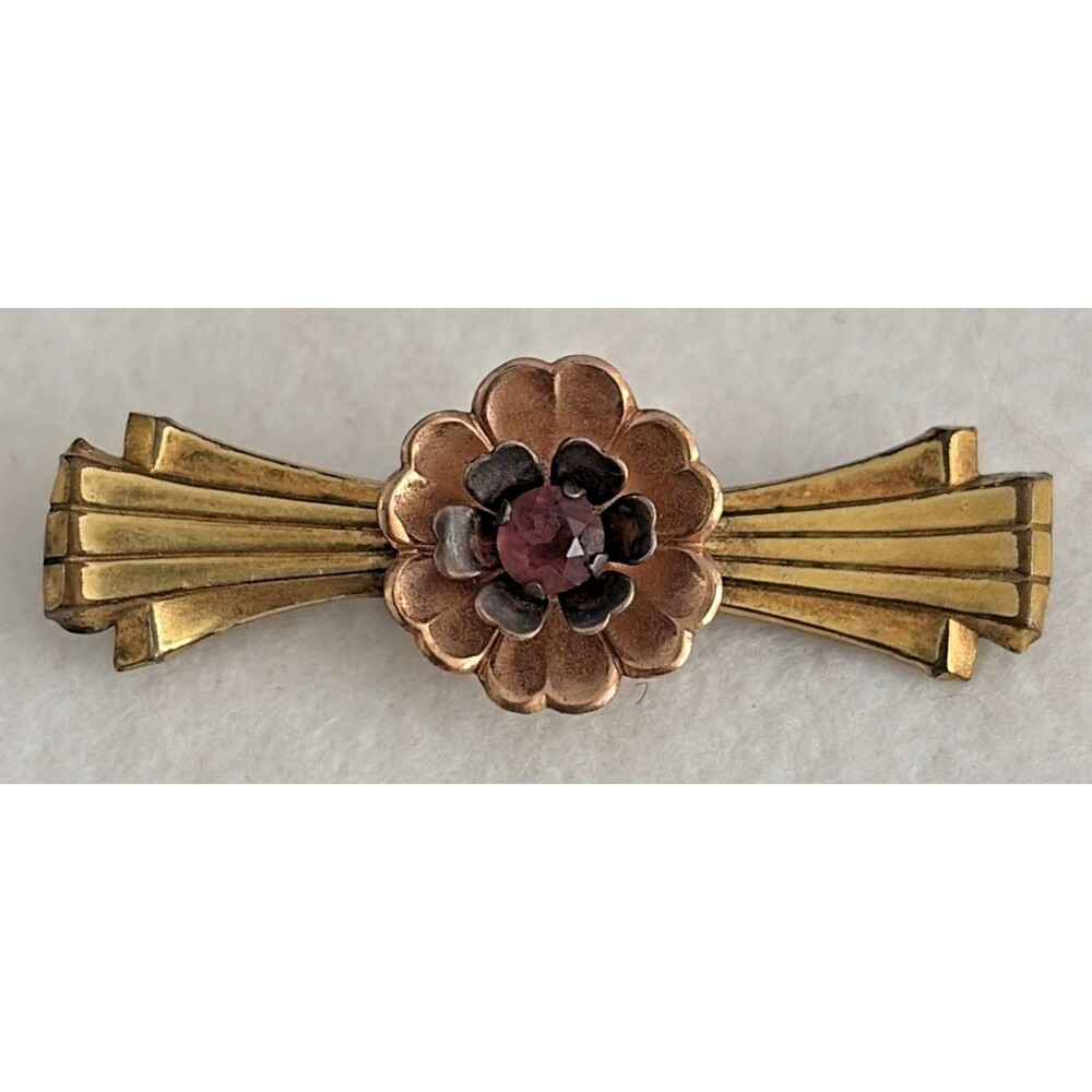 Vintage 1940's Harry Iskin Gold Filled Floral Bow Bar Brooch Pin Retro Two Tone